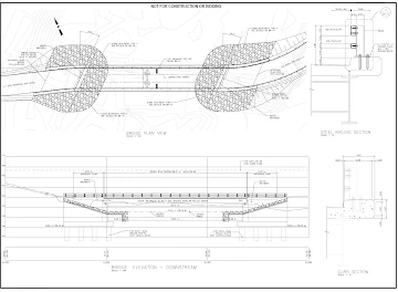 Engineering drawing showing bridge layout, profile and structural sections