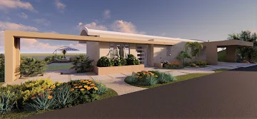 Architectural visualization of a low-rise landscaped pavilion