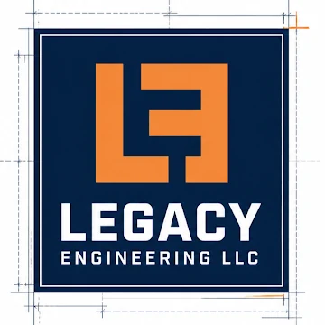 Official Legacy Engineering LLC logo with orange monogram and navy background