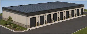 Rendering of a large industrial warehouse with several overhead doors
