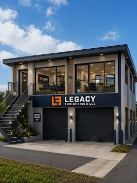 Architectural visualization of a Legacy Engineering-branded office building