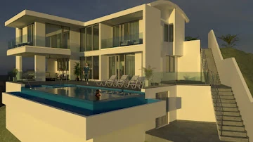 Architectural rendering of a modern multi-level house with a swimming pool